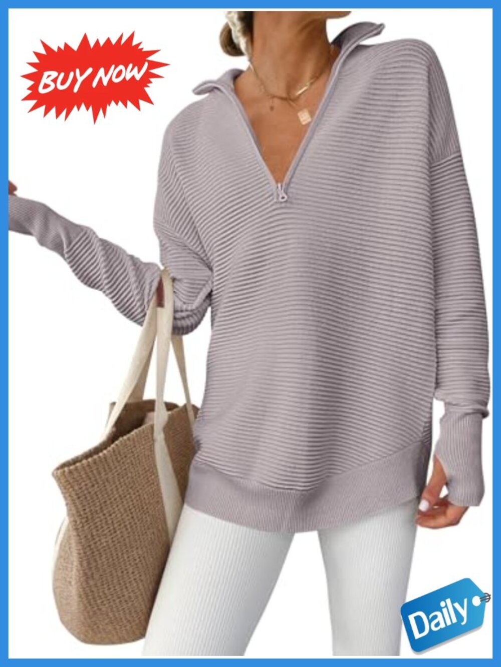 Womens Rib Knit V Neck Quarter Zip Pullover Sweater Loose Fit Long Sleeve